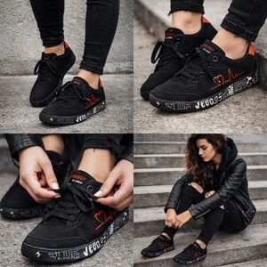 Black and Red Heartbeat Women's Sneakers